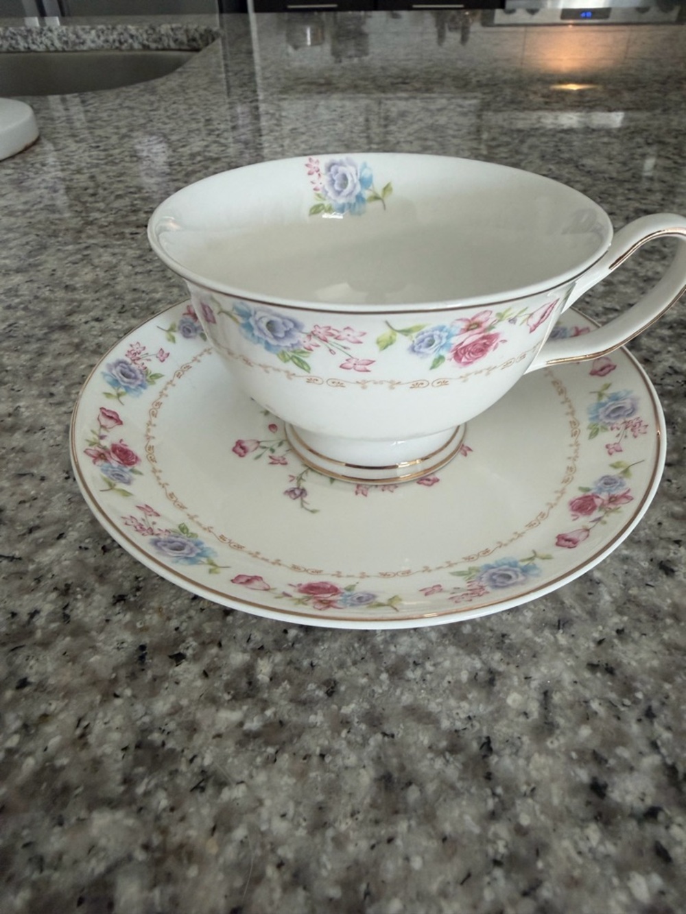 Delicate Floral Teacup and Saucer Set - Pink & Blue Roses